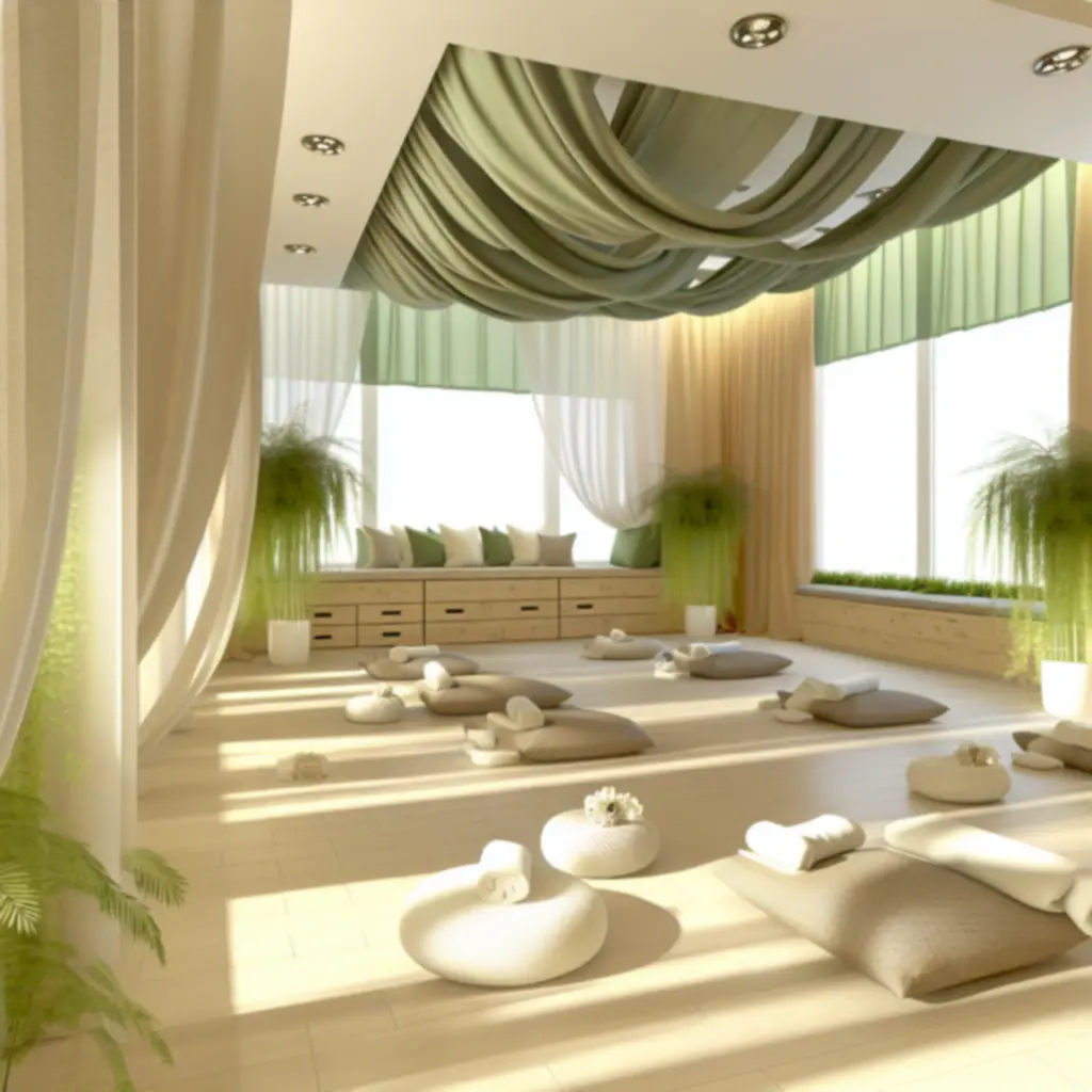 Strefa relaksu w studiu JogaHubPL z naturalnymi materiałami i łagodnym światłem