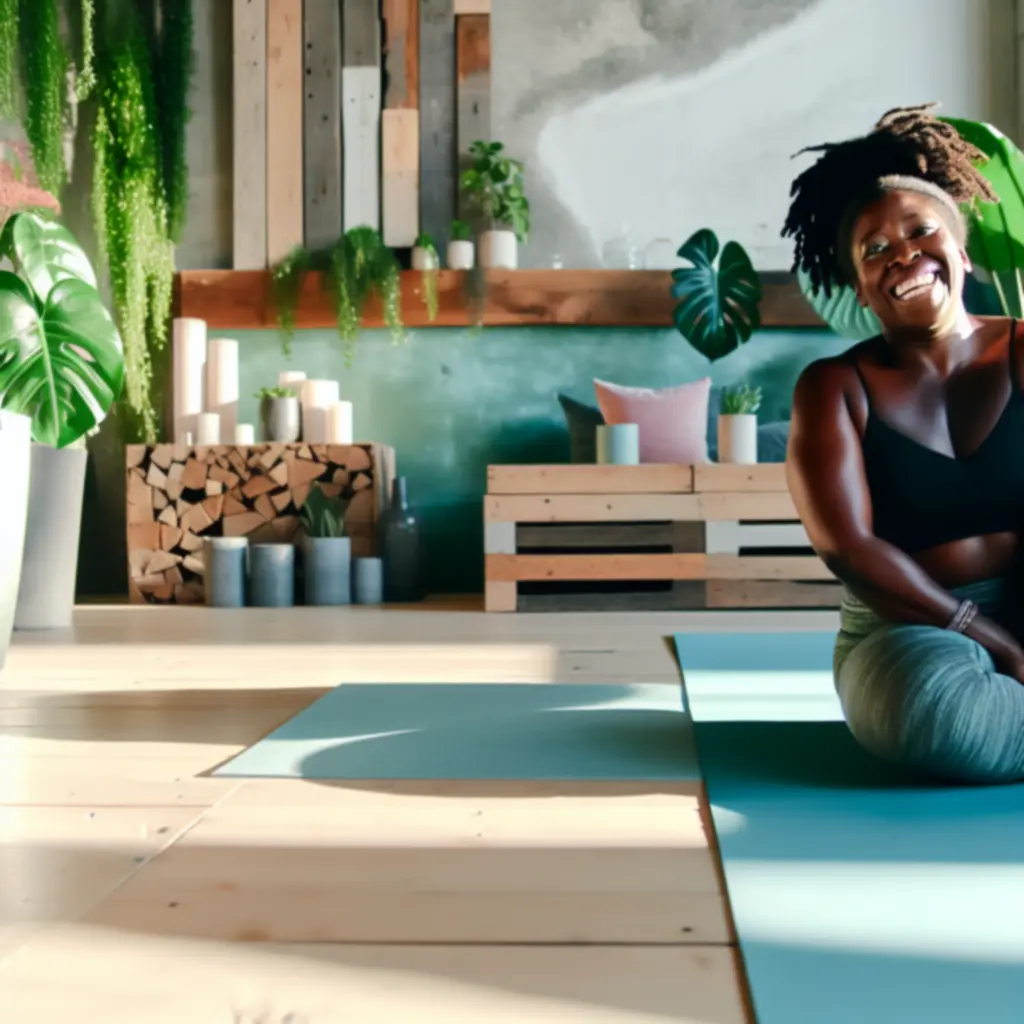 Uśmiechnięta członkini studia jogi siedząca na macie