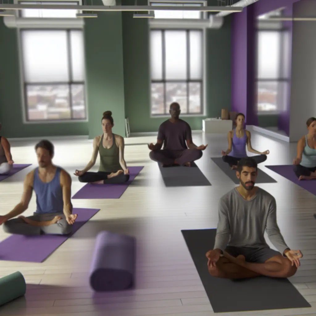 Uczestnicy warsztatów jogi w kręgu, w spokojnej sali